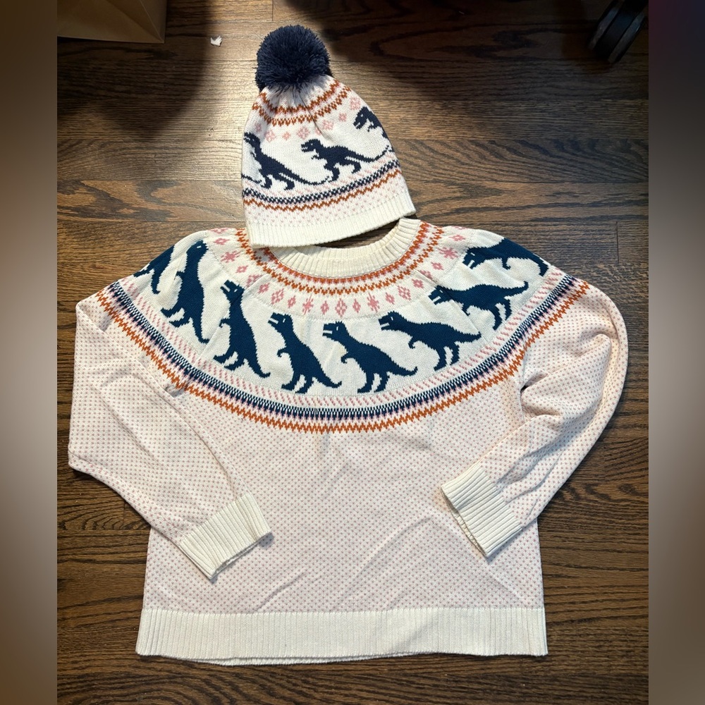 ModCloth Fair Isle T-Rex Dinosaur Sweater and Hat Set size Large